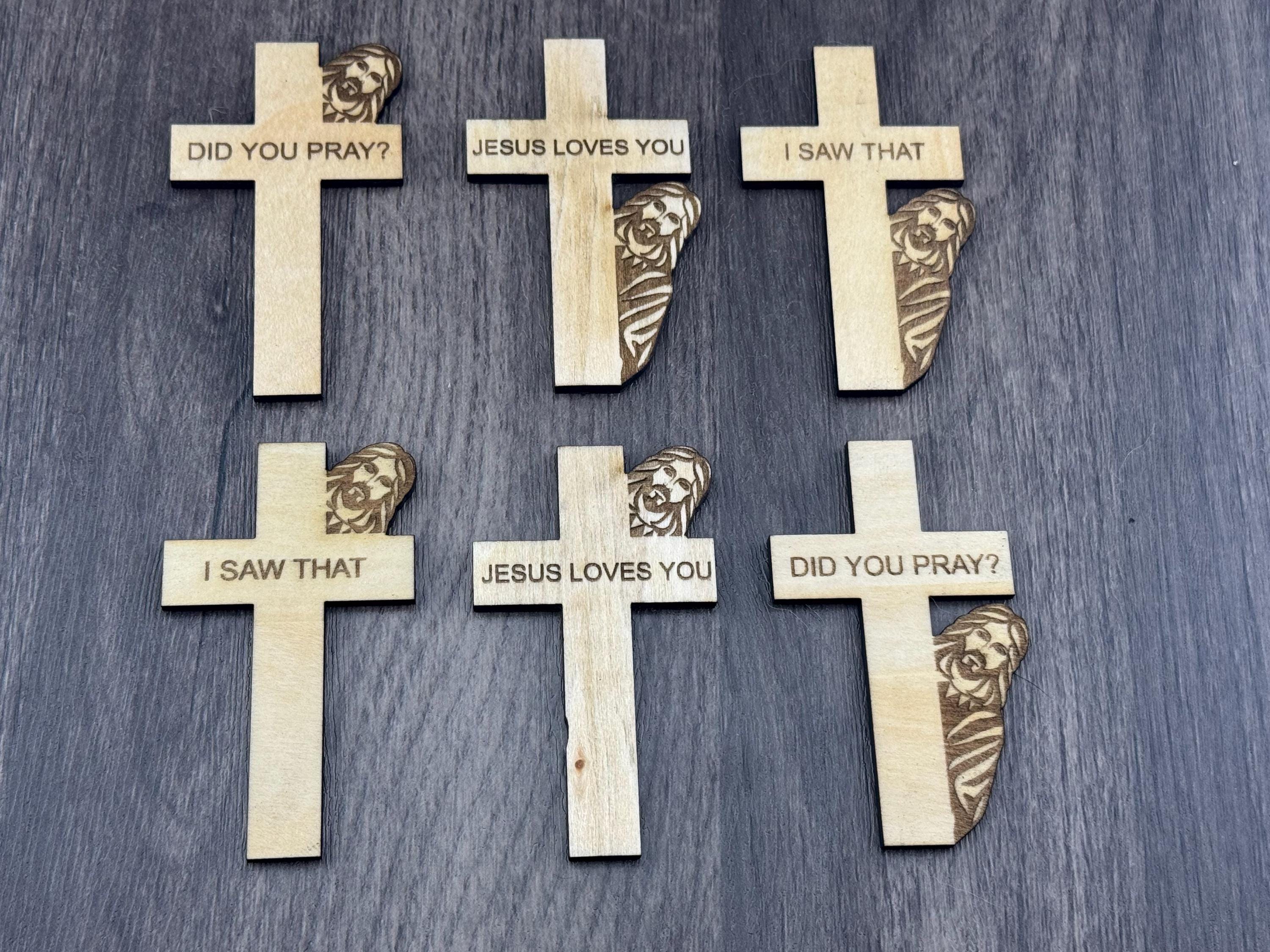 Wooden Cross Magnet | Jesus Peeking, Christian Sayings (3"x2")