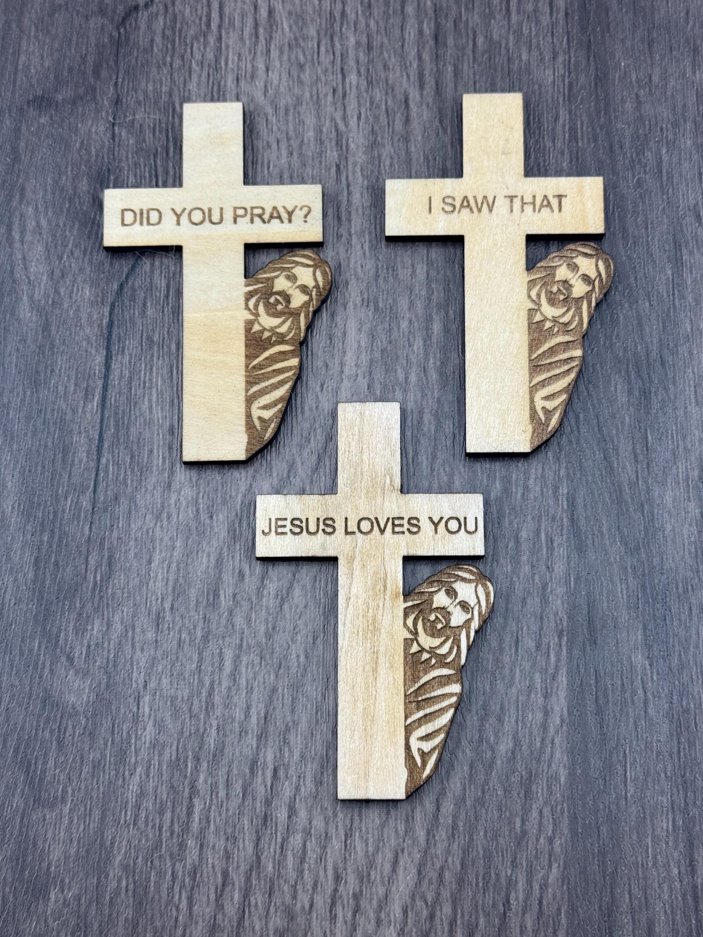 Wooden Cross Magnet | Jesus Peeking, Christian Sayings (3"x2")