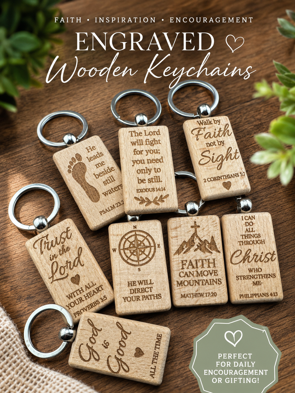 Christian Wooden Keychain, Engraved Bible Verse Keychain, Faith Gift, Christian Gift for Men Women, Inspirational Scripture Keychain