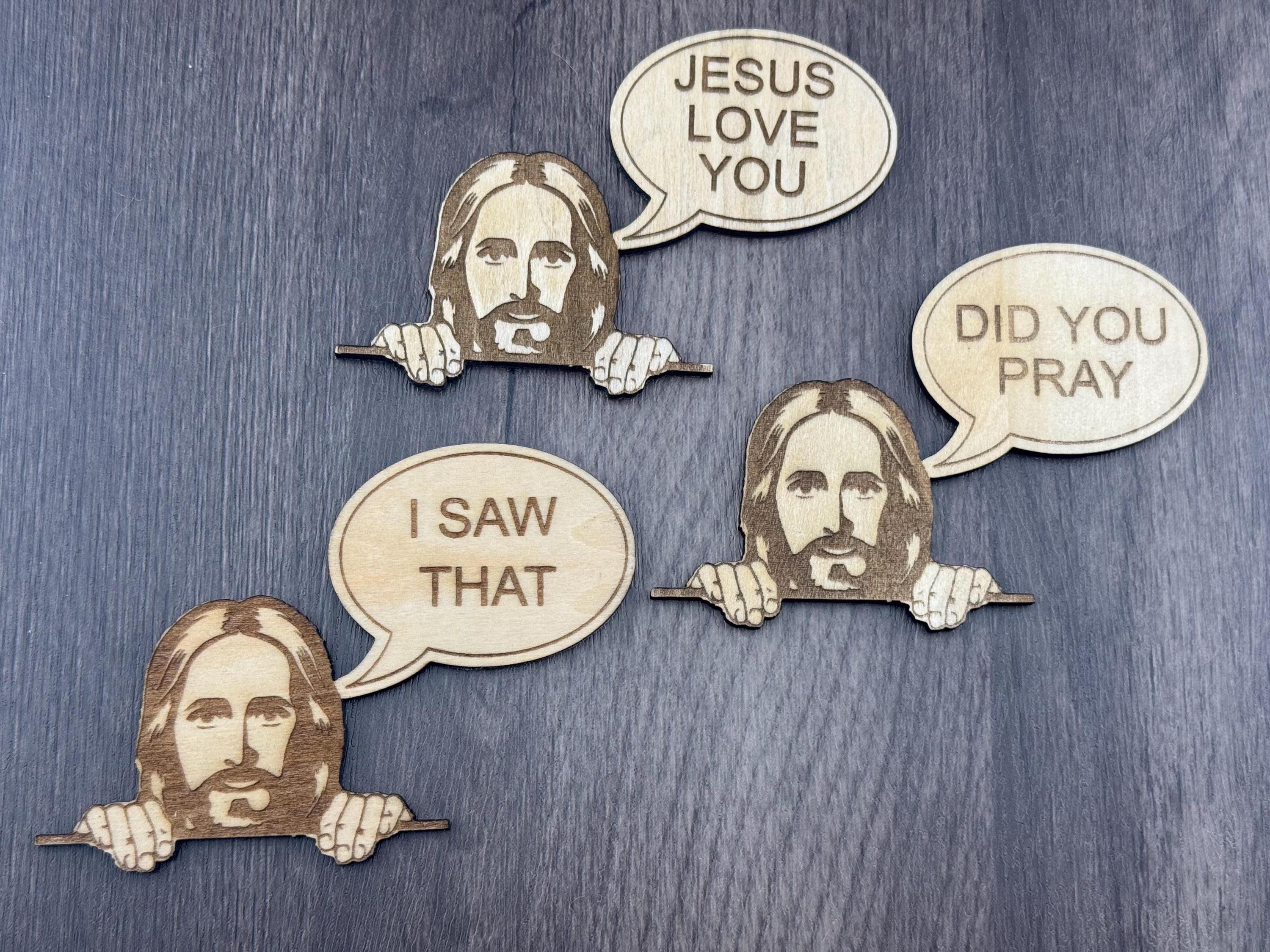 Funny Jesus Peek Magnet | Engraved Wood Christian Humor Fridge Decor