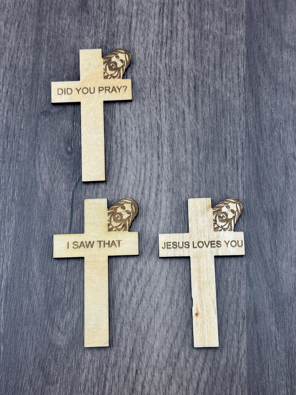 Wooden Cross Magnet | Jesus Peeking, Christian Sayings (3"x2")