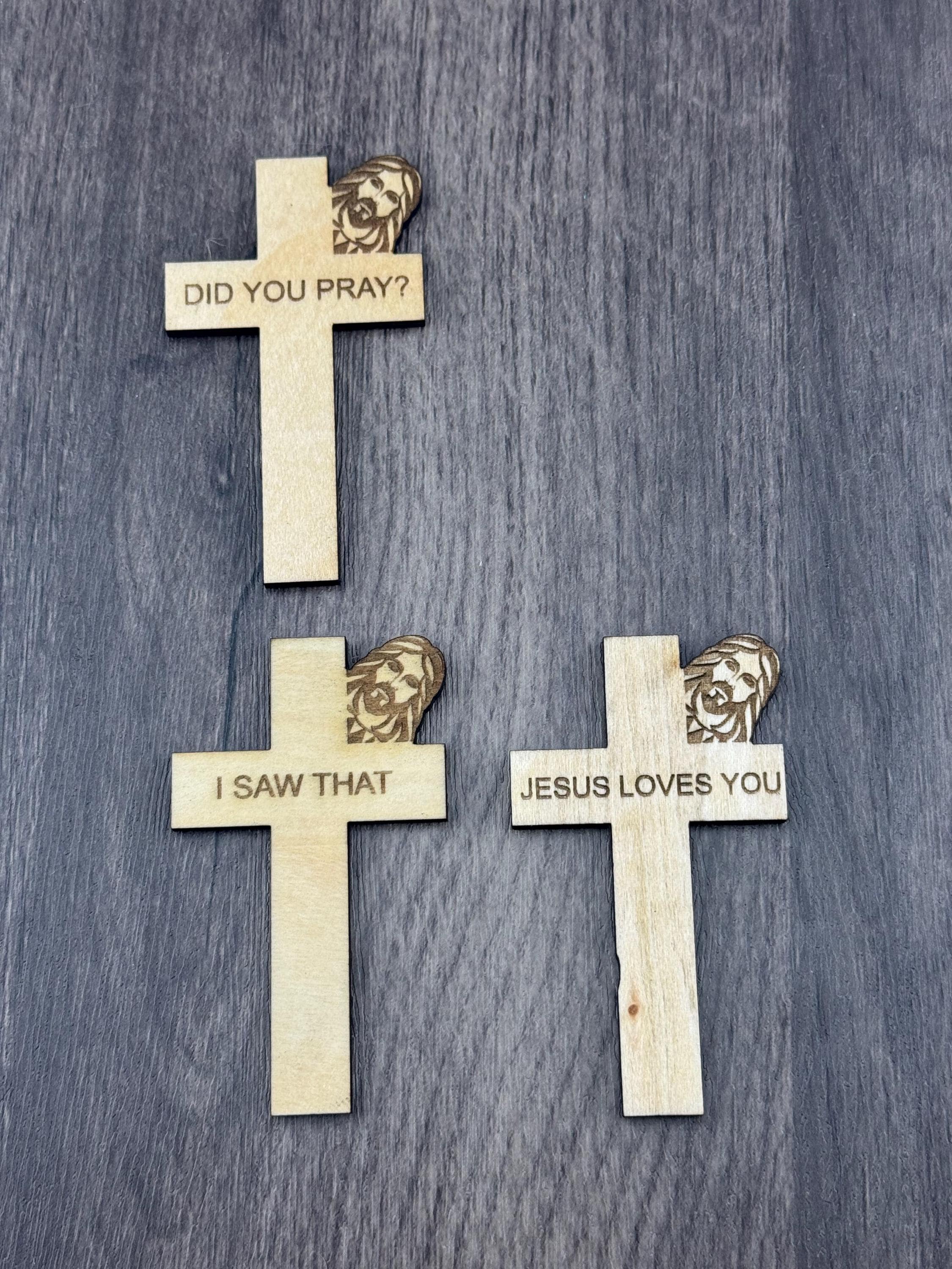Wooden Cross Magnet | Jesus Peeking, Christian Sayings (3"x2")