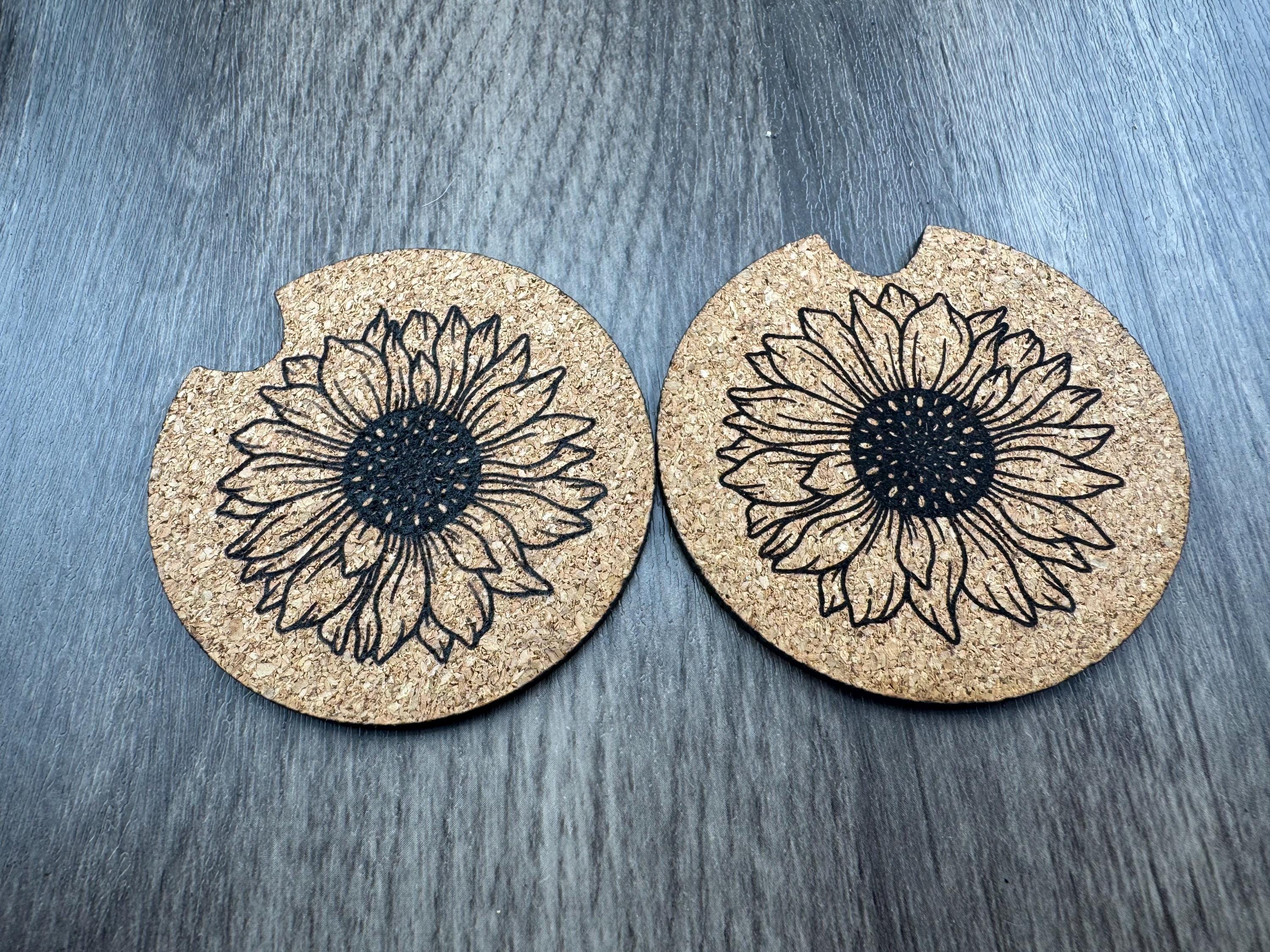 Engraved Cork Car Coasters | Waves, Soccer Mom, Sunflower, Leopard (Set of 2)