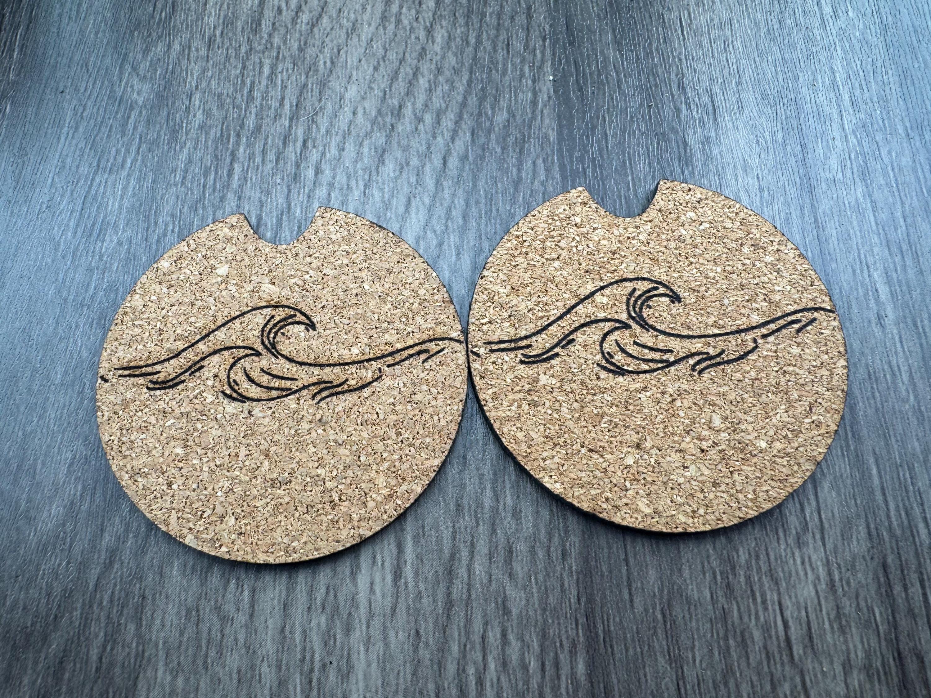Engraved Cork Car Coasters | Waves, Soccer Mom, Sunflower, Leopard (Set of 2)
