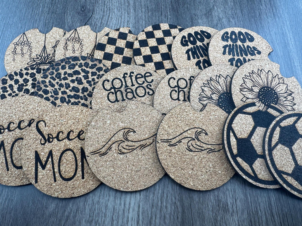 Engraved Cork Car Coasters | Waves, Soccer Mom, Sunflower, Leopard (Set of 2)