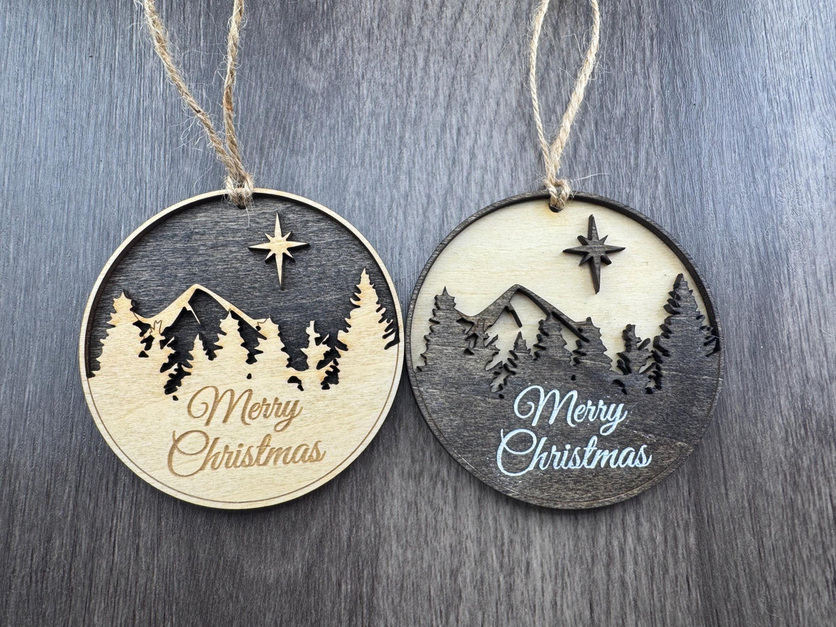 3D Layered Wood Mountain Ornament, Star of Bethlehem, Merry Christmas Engraving (3 Inch)