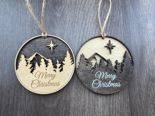 3D Layered Wood Mountain Ornament, Star of Bethlehem, Merry Christmas Engraving (3 Inch)