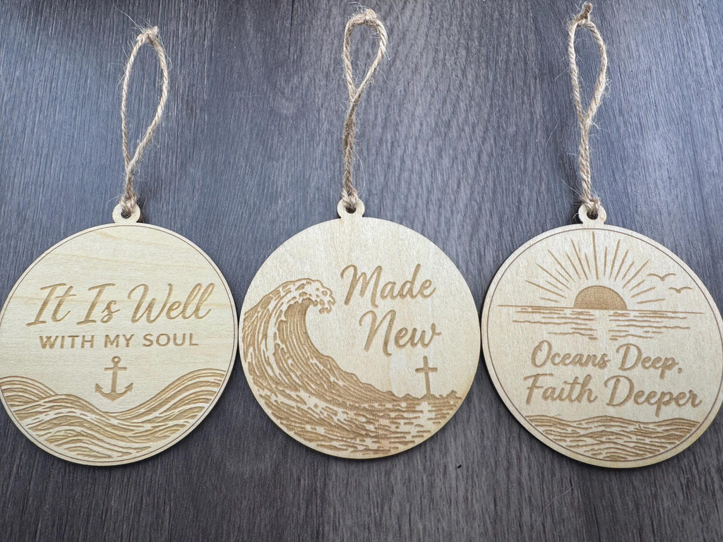 Handcrafted Wooden Christian Ornament, Coastal Faith Decor, Laser Engraved Scripture (3" Diameter)