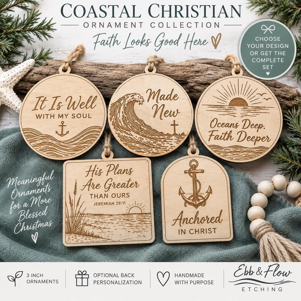 Handcrafted Wooden Christian Ornament, Coastal Faith Decor, Laser Engraved Scripture (3" Diameter)