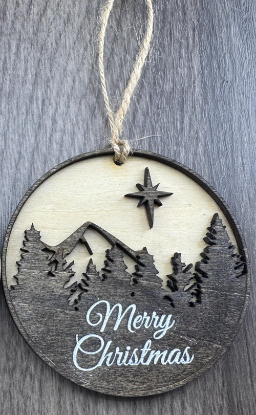 3D Layered Wood Mountain Ornament, Star of Bethlehem, Merry Christmas Engraving (3 Inch)