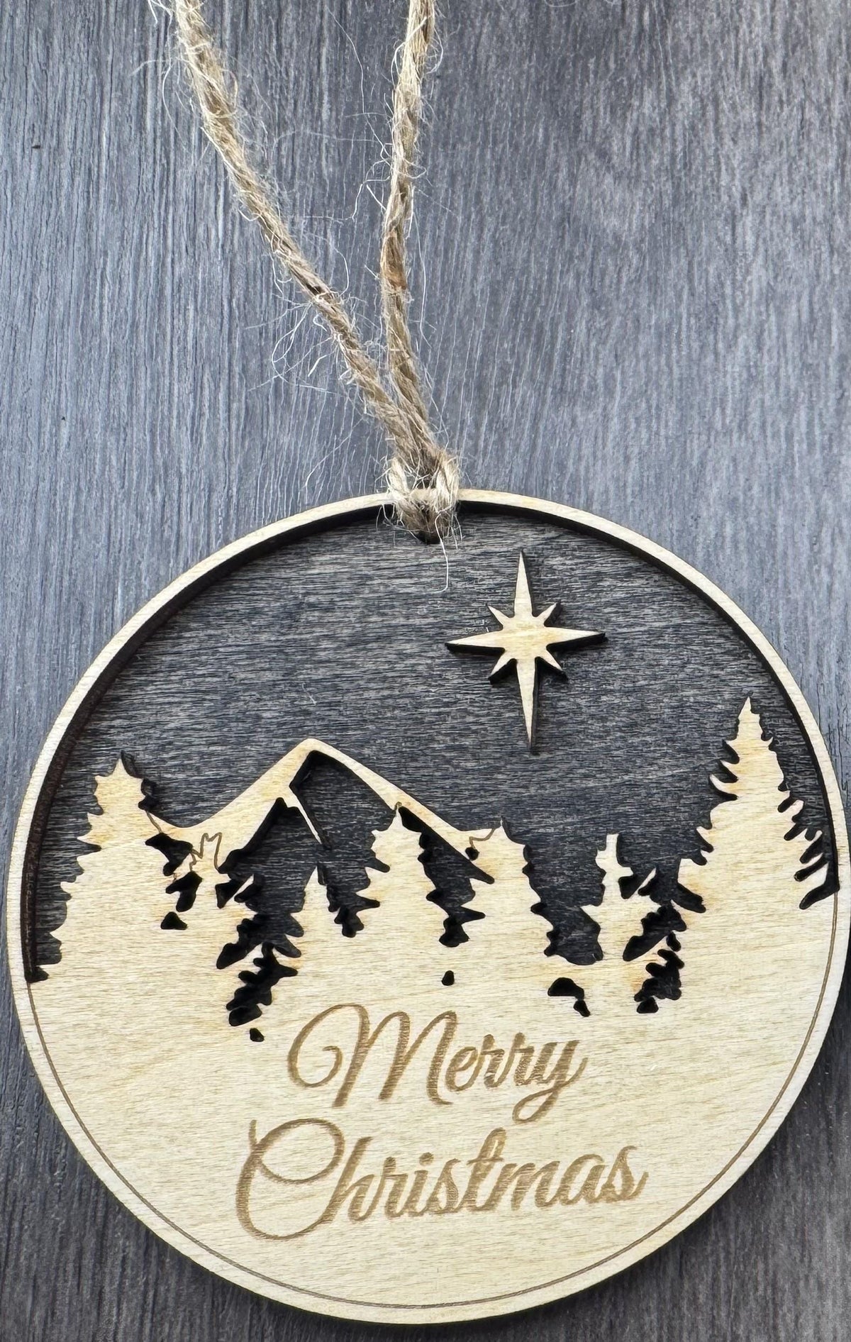 3D Layered Wood Mountain Ornament, Star of Bethlehem, Merry Christmas Engraving (3 Inch)
